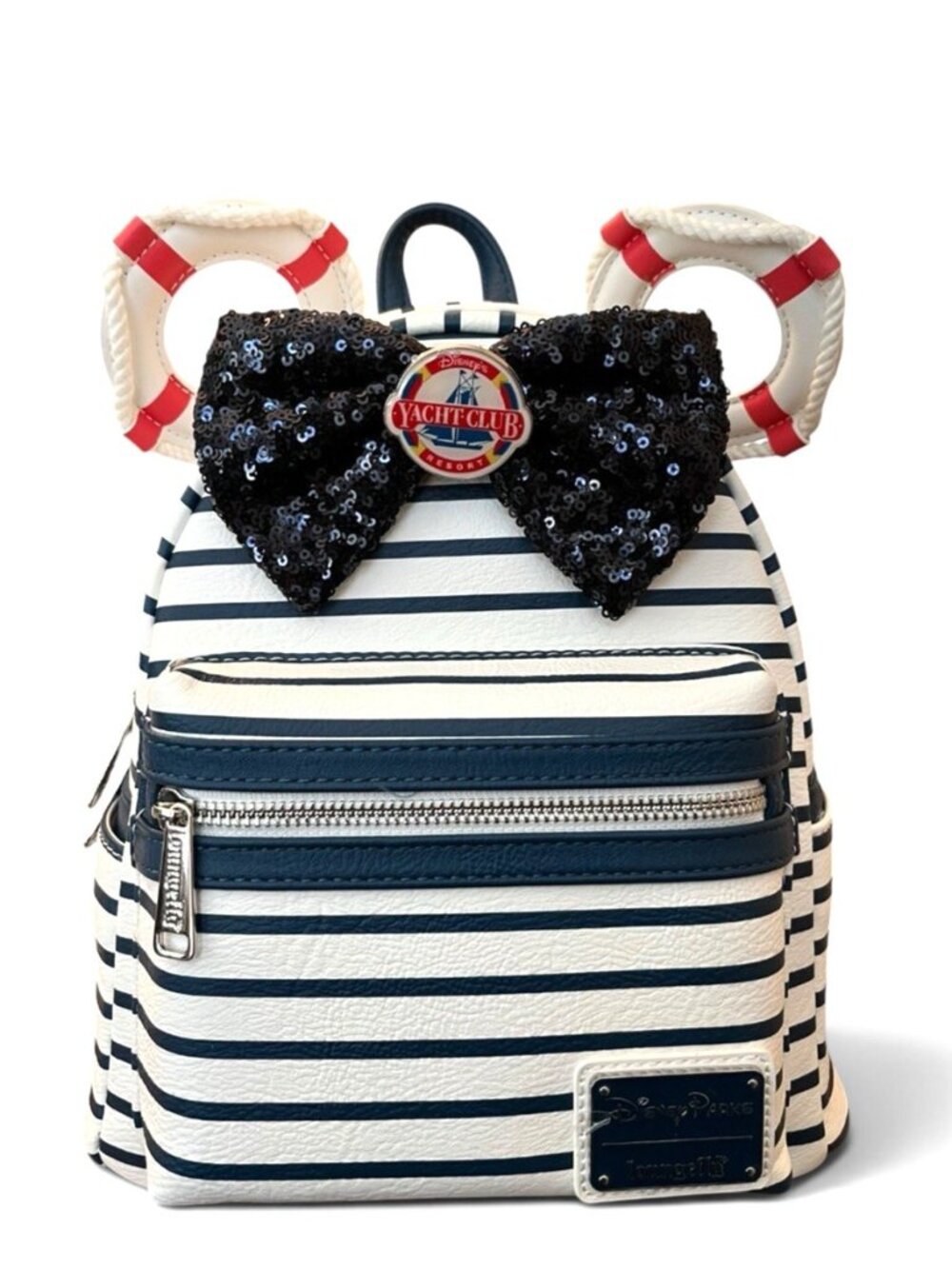 Disney Yacht Club Resort Minnie Mouse Sequin Bow Striped Loungefly Backpack NWT